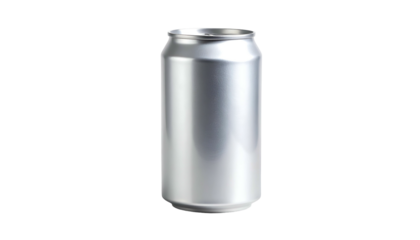 Isolated, cylindrical silver aluminum can, unadorned, with an open top, set against a stark black background