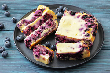 Finnish Blueberry pie cut in slices on a plate