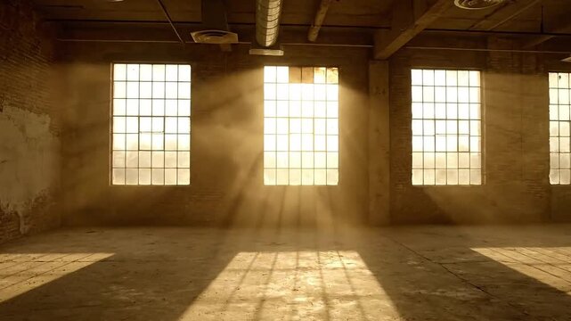 Sunlight streams through large windows illuminating a dusty, empty industrial space.