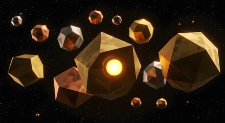 A collection of geometric, metallic shapes, including dodecahedrons and spheres, float against a dark, starry background, with one dodecahedron emitting a warm, central glow.