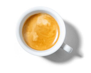 Top view of a classic espresso in a white cup, on transparent background PNG, with soft shadow, minimal coffee concept