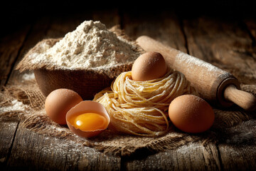 Pasta ingredients and tools arranged on rustic wooden table with warm light