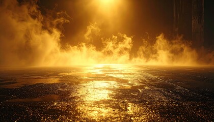 Dramatic background with golden smoke and light on a wet asphalt floor