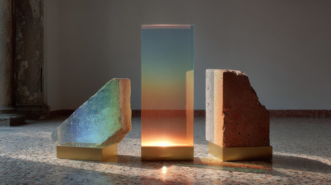 Illuminated stone glass and brick blocks abstract materials comparison 3D render
