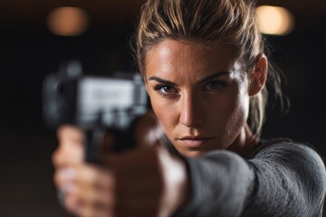 Woman aims pistol directly at camera with intense focus.