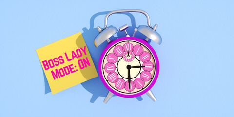 Boss Lady Mode ON. Motivation Text Banner for Women with Pink Alarm Clock and Sticky Note