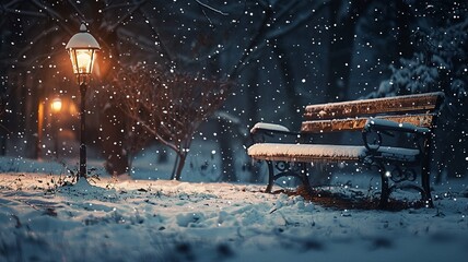 Empty bench covered in snow beneath a glowing streetlamp during snowfall in a peaceful, dark winter park.