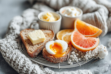 Cozy breakfast flat lay with toast, soft-boiled eggs, butter, and fruit wedges
