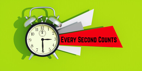 Every Second Counts. Motivation Text Banner with Alarm Clock on Green Background