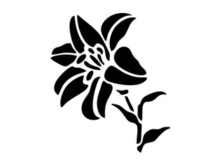 Vector isolated one lily flower with a stem side view  silhouette black and white stencil art craft print hand made decoration