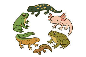 Fototapeta premium Colorful group of diverse amphibians including frogs, salamanders, newts, and axolotl