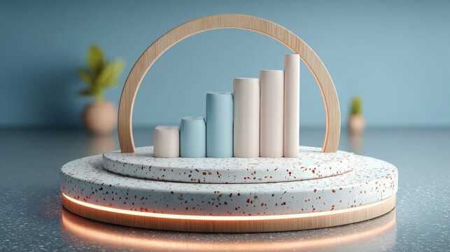 Translucent 3D area chart rising from terrazzo podium with rim lighting and copy space
