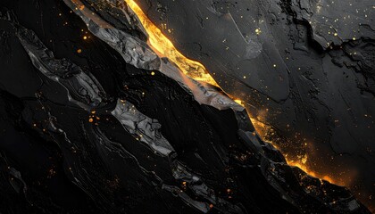 Abstract background of molten gold flowing through dark black rock texture