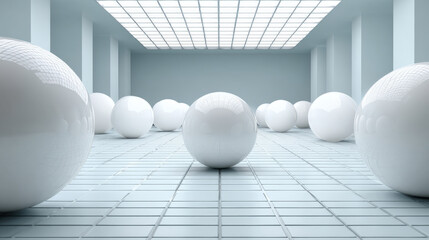 Glass spheres forming a bubble chart on a matte grid with blank space on the left