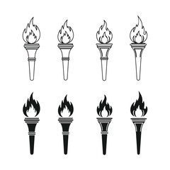 Black and White Torch Icon Set Vector Illustration Symbolizing Olympic Games and Competition