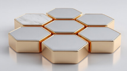 Four floating satin ceramic KPI tiles with brass separators and soft rim lighting