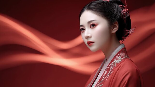 Classical beauty in Hanfu contemplating against a red background