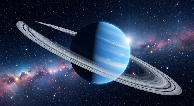Majestic blue planet with luminous rings orbits through a star-filled galaxy, inspiring wonder and exploration