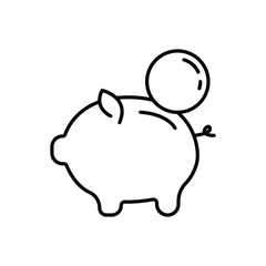 Money Saving, linear icon. Saving and preserving finances. Hand putting a coin in a piggy bank. Line with editable stroke