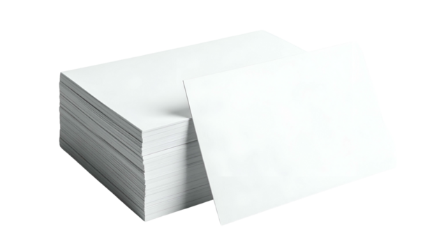 A stack of white rectangular papers, a single sheet leaning in front on a black background