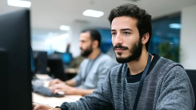 Arab programmers and engineers coding in high tech office, modern Middle Eastern IT industry arab programmers engineers, coding modern office, high tech Middle East, IT professiona