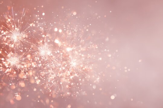 Abstract image featuring sparkling, glowing fireworks against a soft, blurred, dusty rose background