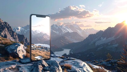 A smartphone reflects a scenic mountain range, positioned on a rocky outcrop with a lake, and sunrise. The device stands tall against the vista