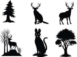 Wildlife and tree silhouettes in black and white vector art featuring deer, cat, conifers, forest scenes
