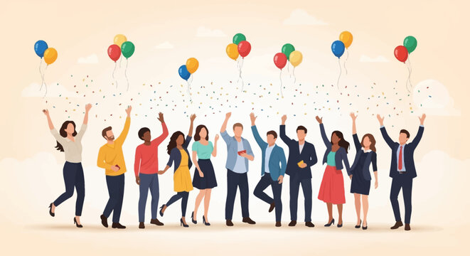 A diverse group of people celebrating with balloons and confetti, expressing joy and success.