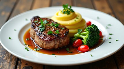 A plate of steak with sauce, mashed potatoes, broccoli, and cherry tomatoes.