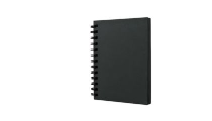 A black, spiral-bound notebook, standing upright against a solid black background