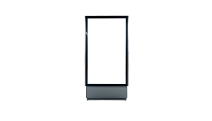 A tall, vertical display, starkly white against a deep black backdrop, appearing empty
