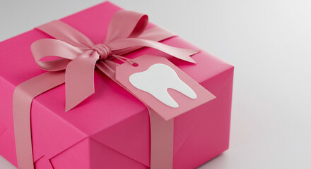 Gift box with tooth logo tag celebrating International Women’s Day, dental care promotion