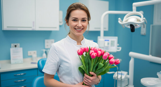 Dentist holding pink tulips in clinic, celebrating International Women’s Day in dental office - Powered by Adobe