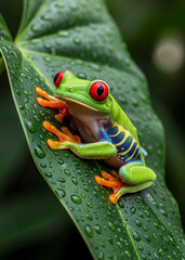Vibrant Red Eyed Tree Frog Perched on a Dew Kissed Green Leaf