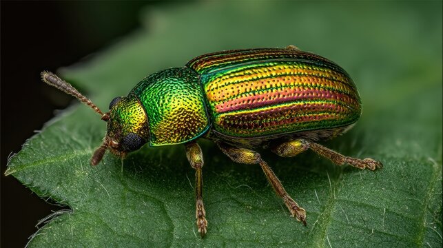 Vibrant macro photograph of a colorful beetle on green leaf