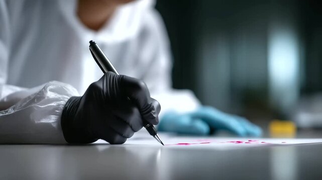 Forensic expert documenting evidence at crime scene with markers, concept of law and justice forensic expert documenting