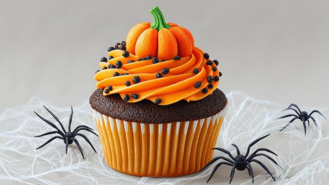 Vibrant Halloween-themed cupcake with orange frosting and pumpkin decoration, surrounded by black spiders, showcasing delightful dessert artistry, camera zooms in for detailed view of textures and col