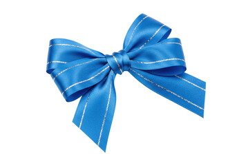 Isolated blue silk bow with silver stripes for present packaging, celebratory event