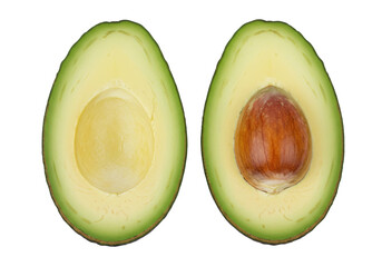 Isolated avocado halves display fresh pulp textures and pit, prepared for use in cuisine
