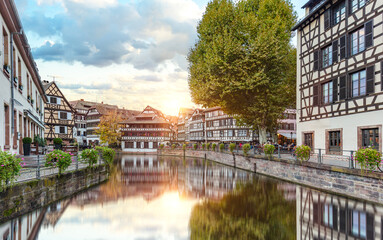 Sunset at Little France in Strasbourg France Terraces and half-timbered houses, in la Petite France