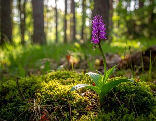 A single purple flower stands tall amidst lush green moss, bathed in dappled sunlight filtering through a dense forest