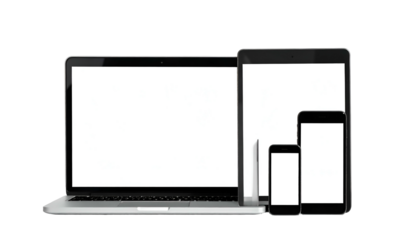 A laptop, tablet, and two smartphones with blank screens against a black background