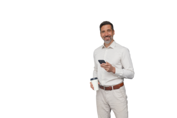 Mature businessman smiling, using mobile phone and holding coffee cup, transparent background