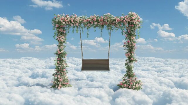 Beautiful floral swing among clouds decorated with pink roses and green leaves under bright blue sky