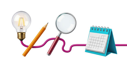 Isolated creativity concept with a lightbulb, pencil, magnifying glass, calendar and pink cable