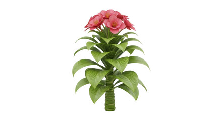 Isolated plant with pink flowers and large green leaves. 3D render of exotic plant