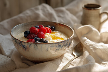 Breakfast scene semolina porridge - warm comforting cereal served in cozy morning setting with traditional preparation
