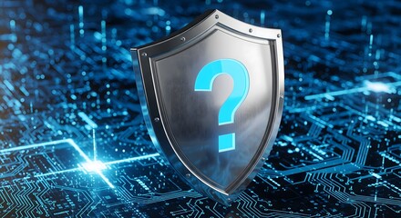 Cybersecurity concept. A shield with a question mark over a digital circuit board background, representing online security, data protection, privacy, and network safety.