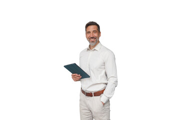 Mature businessman smiling, holding tablet, showing confidence and professionalism, standing with transparent background